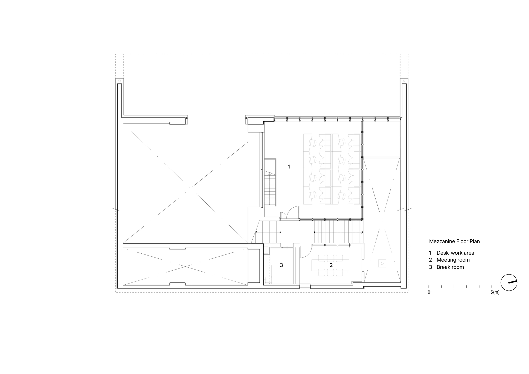 Mezzanine floor plan drawing showing desk work area, meeting room and two staircases