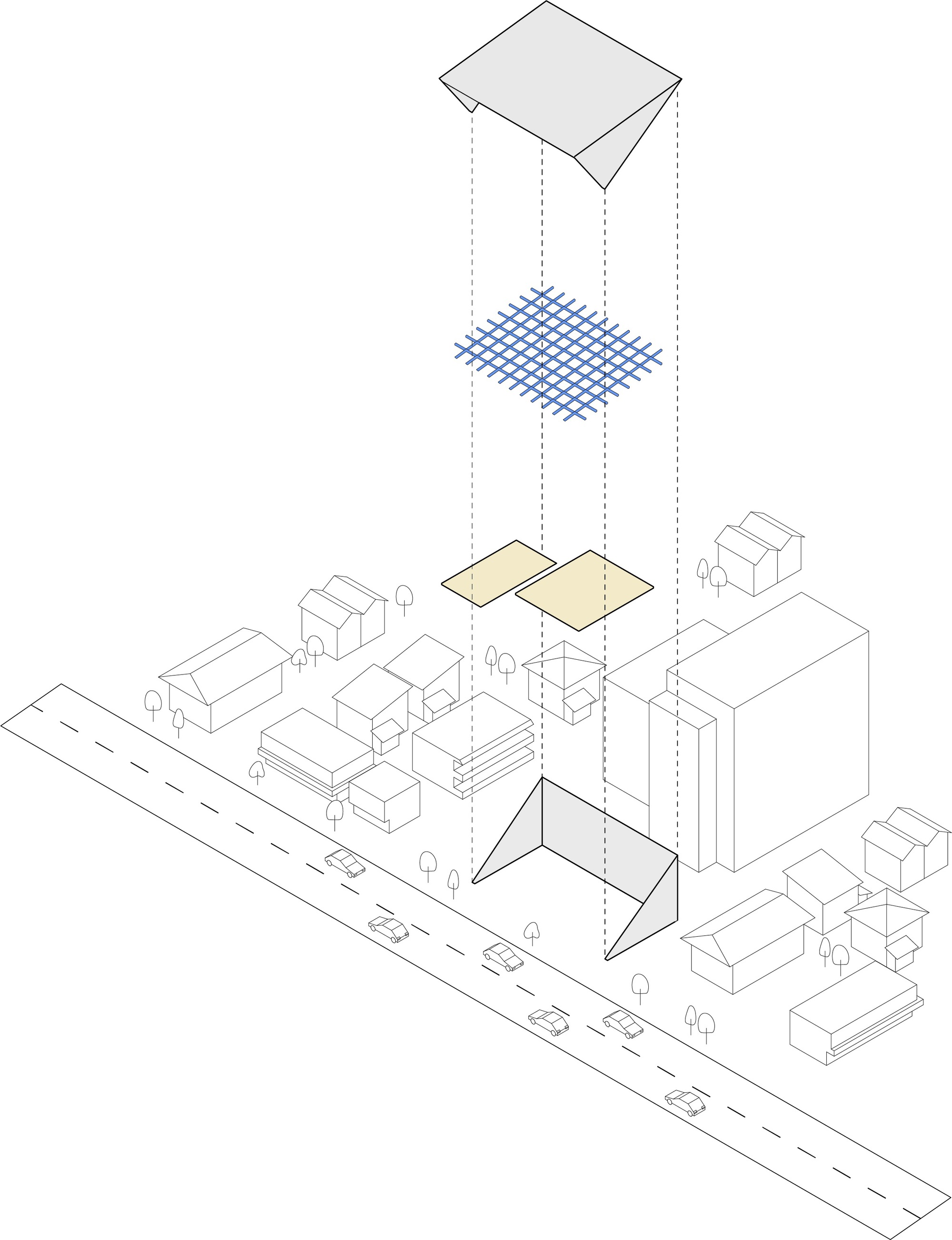 Axonometric drawing showing the building exploded vertically within a neighborhood context with surrounding low-rise structures and street