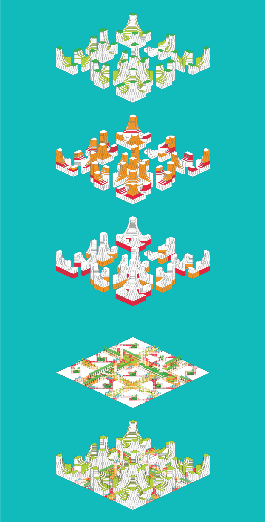Isometric diagram series illustrating five variations of a modular housing block with integrated greenery and terraces