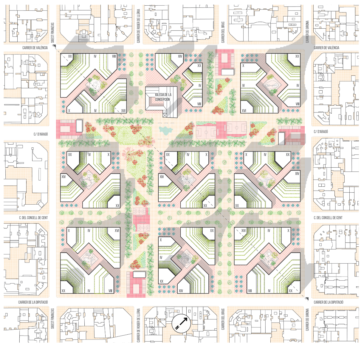 Site plan drawing with surrounding context showing central block with diagonal buildings, planted streets and adjacent floor plans