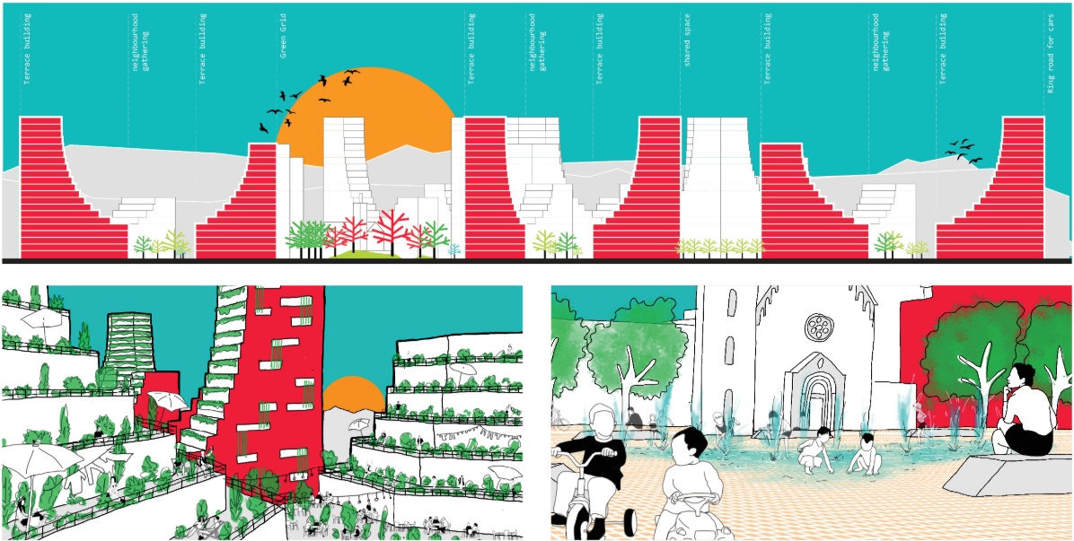 Elevation and section drawings showing stepped red tower forms with vegetation, terraced farming, and community spaces with people