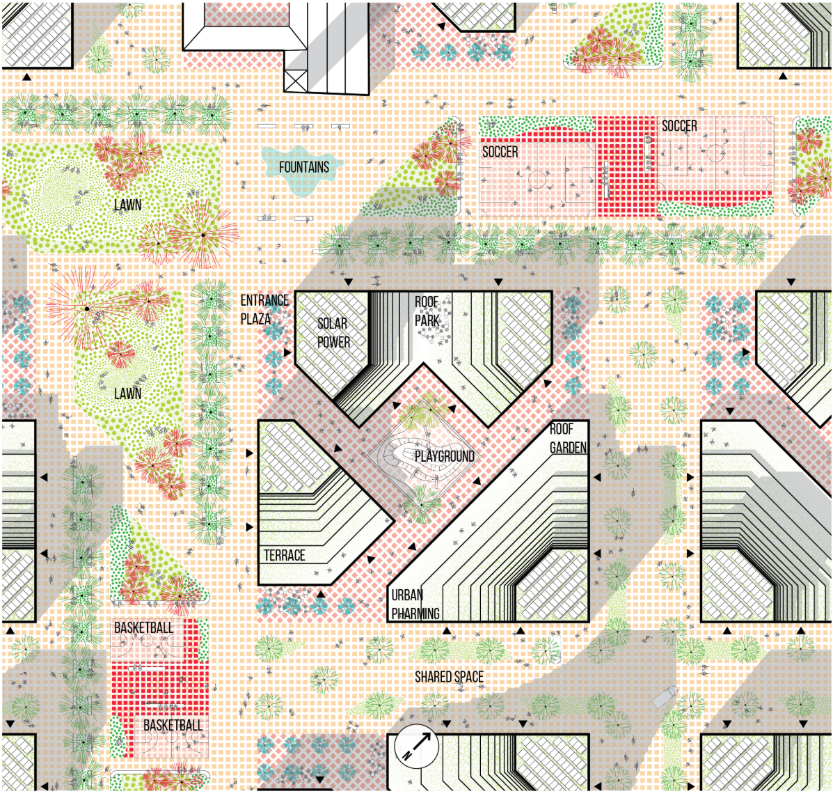 Ground level site plan drawing detailing playground, sports courts, entrance plaza, and shared spaces with labeled program areas
