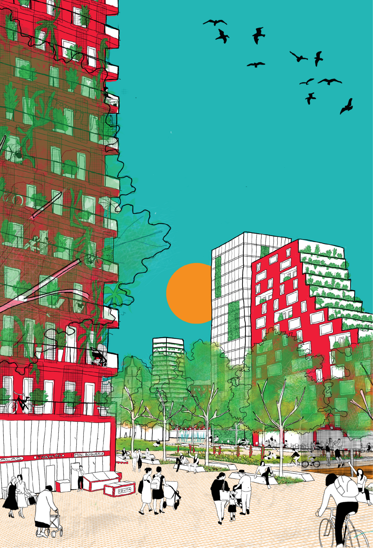 Street level perspective drawing of mixed-use towers with balcony greenery, pedestrians, cyclists and birds overhead at sunset