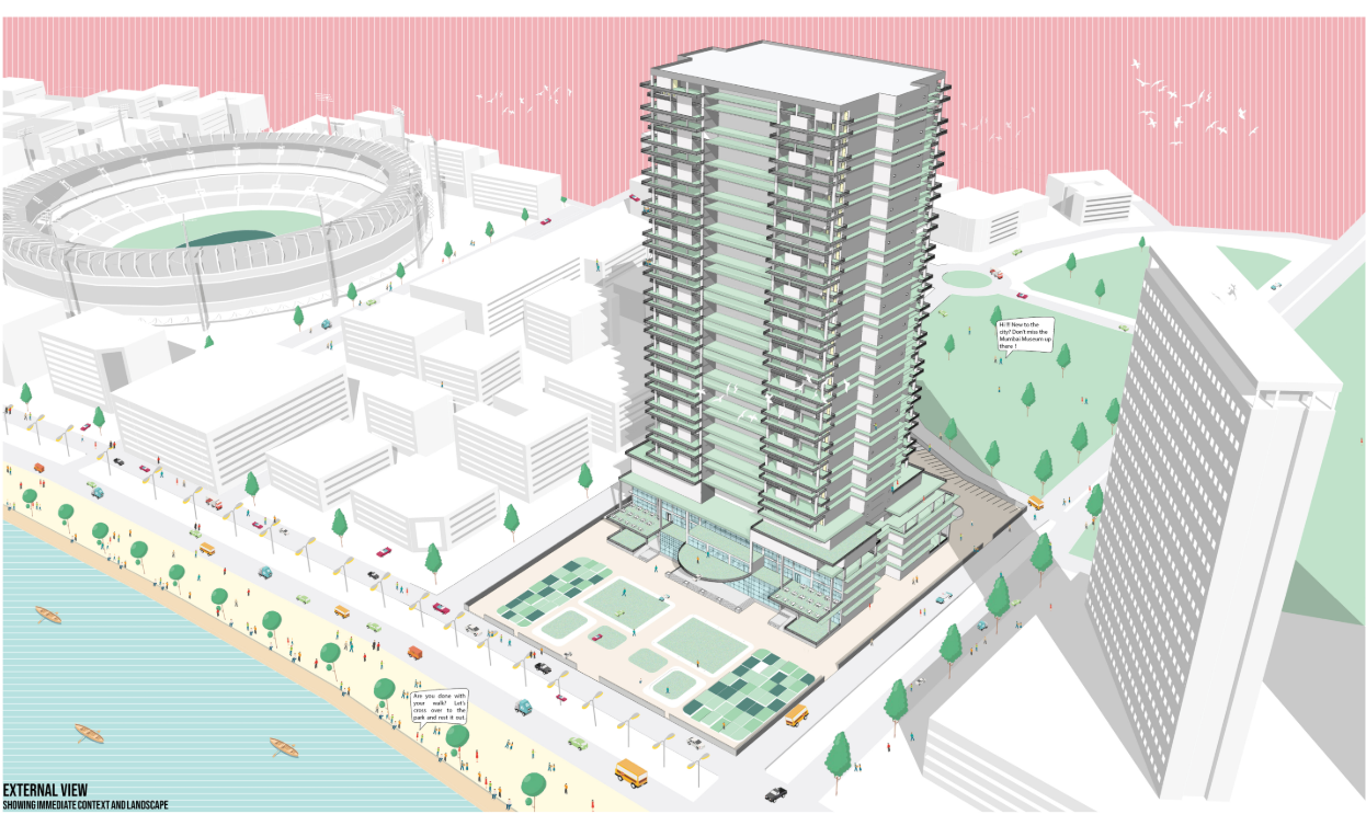 The Anchor rises beside Mumbai’s waterfront, combining public landscape, mixed-use programs, and high-rise living.