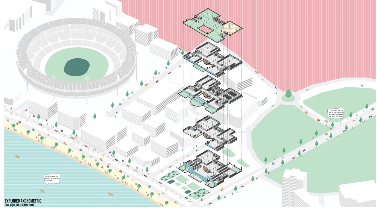 Exploded axonometric showing the vertical distribution of public, commercial, and community spaces within the tower.