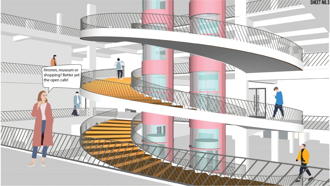 Curved bridges and staircases transform the central atrium into an active space for movement and social interaction.