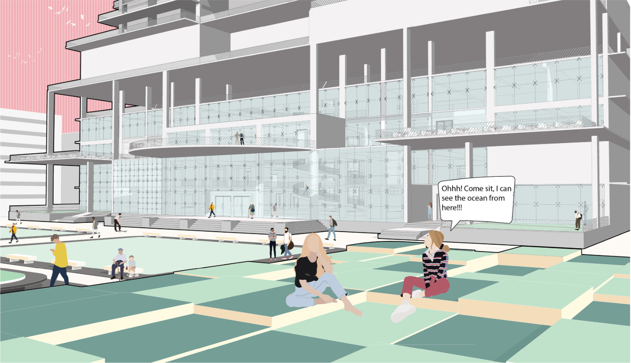 The landscaped public plaza creates an open civic foreground connecting the skyscraper with the surrounding city.