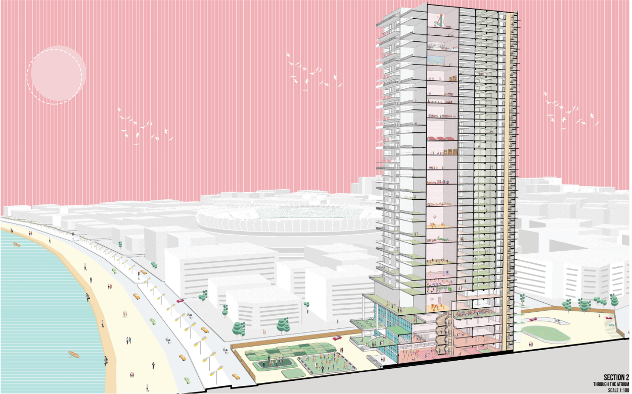 Longitudinal section revealing the tower’s layered residential, recreational, cultural, and public programs.