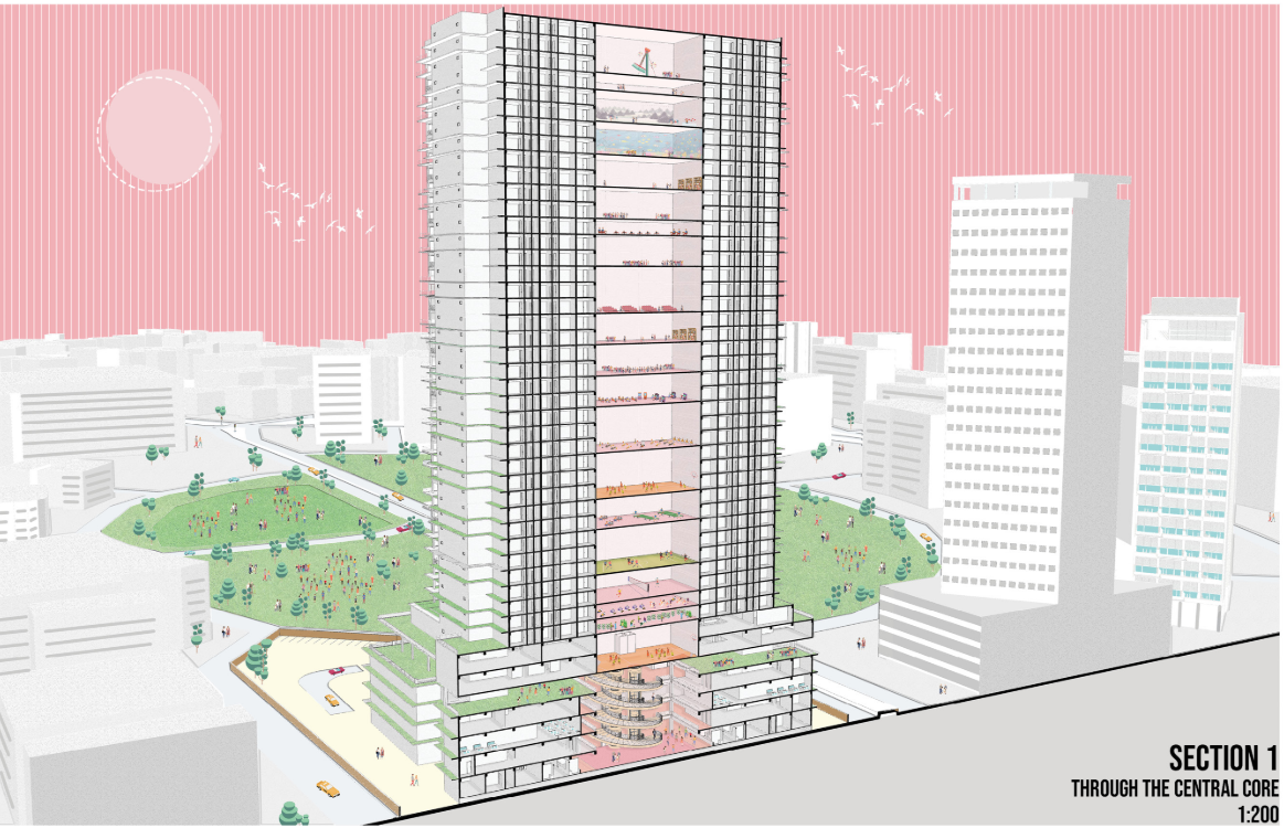Central core section illustrating the vertical sequence of communal spaces that connects the building’s diverse functions.