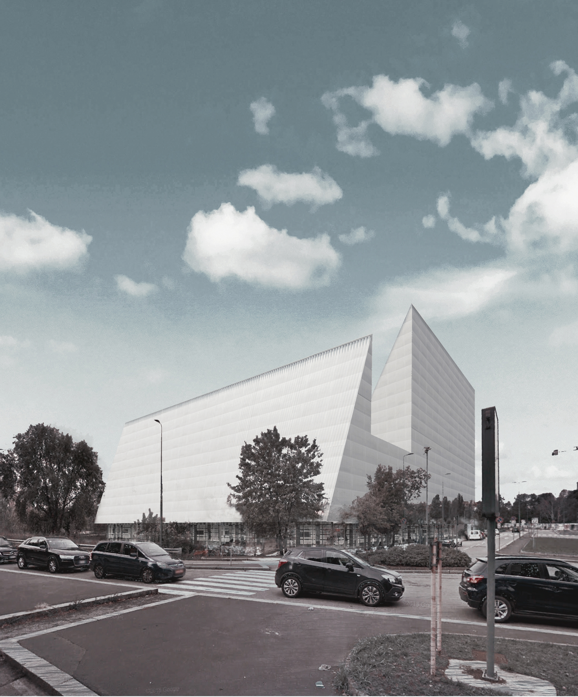 Fashion-Hub rises as a sharp Milan landmark with a translucent façade and bold triangular roof volumes.