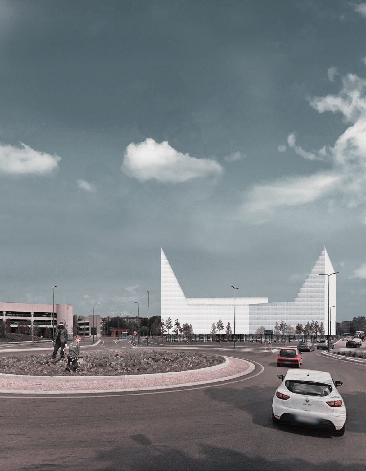 The building responds to the road layout while creating a striking identity on the suburban edge of Milan.