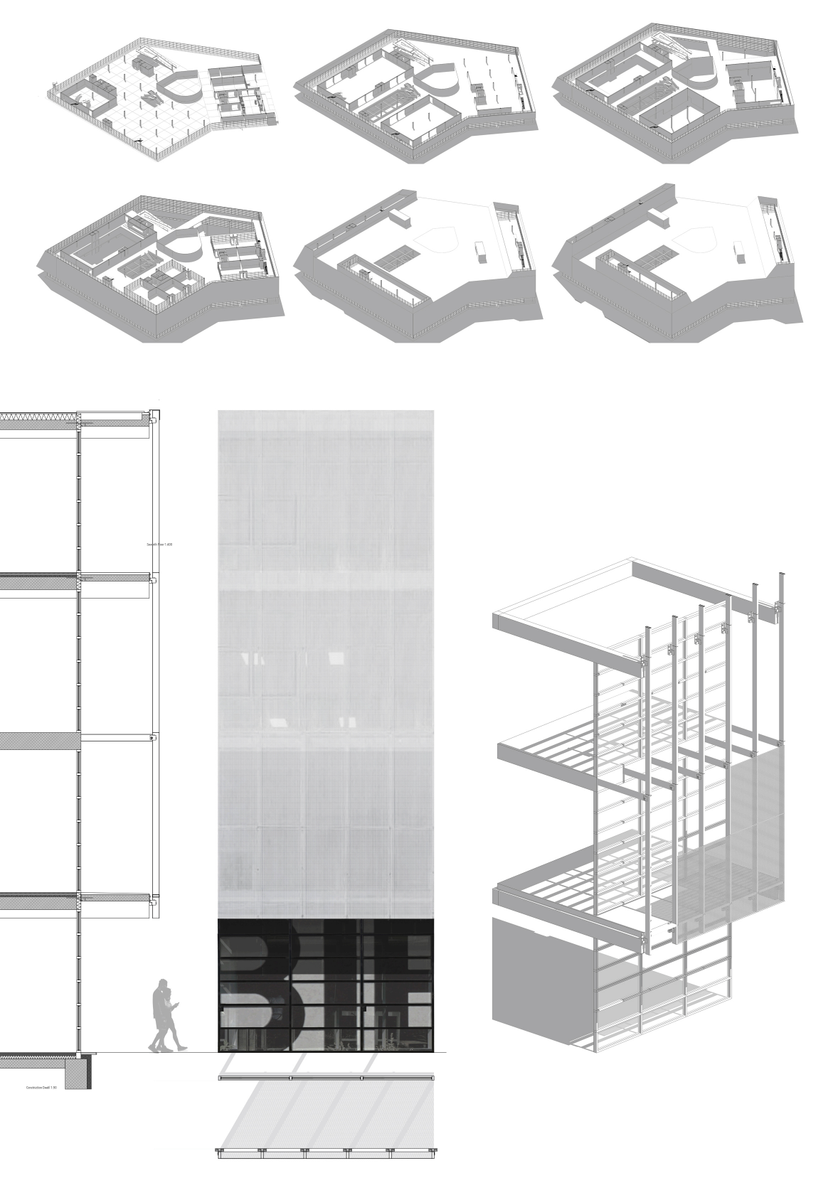 Technical diagrams reveal the layered floor organization, façade system, and structural logic of Fashion-Hub.