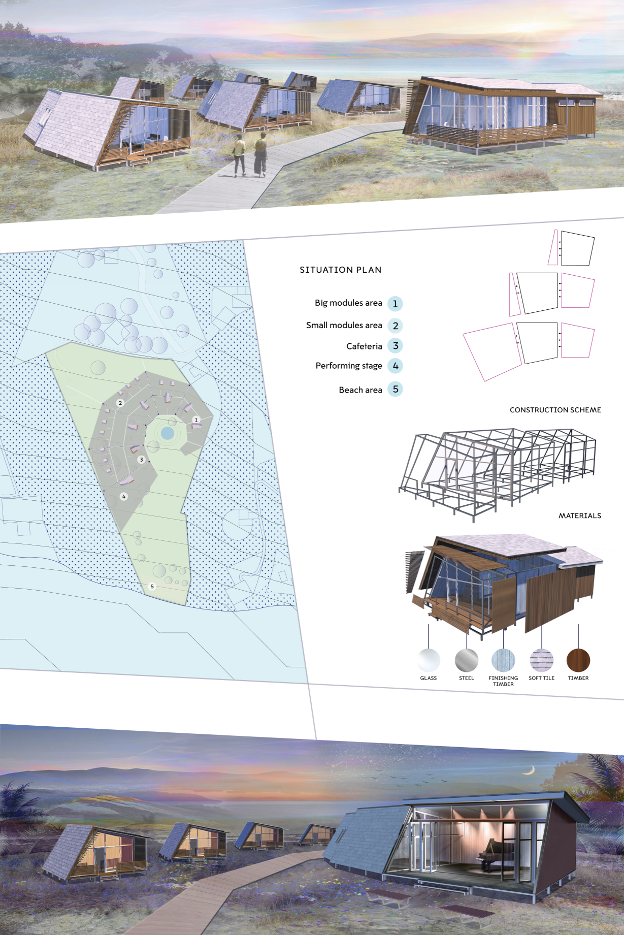 Site plan and modular construction strategy for the Montserrat creative retreat.