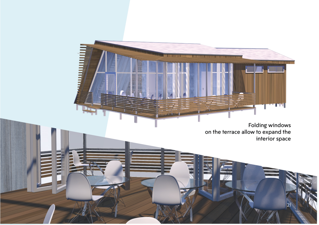 Flexible cafeteria with folding glazing that connects indoor dining to the terrace.