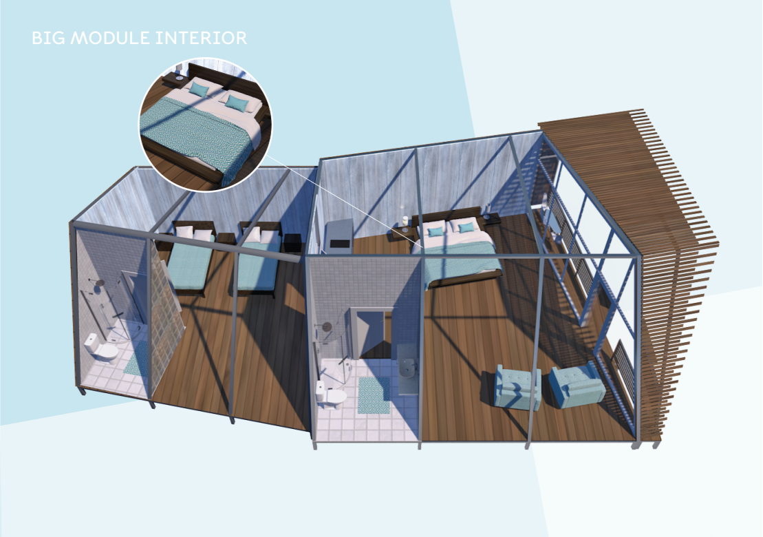 Interior layout of the larger module with shared living and sleeping spaces.