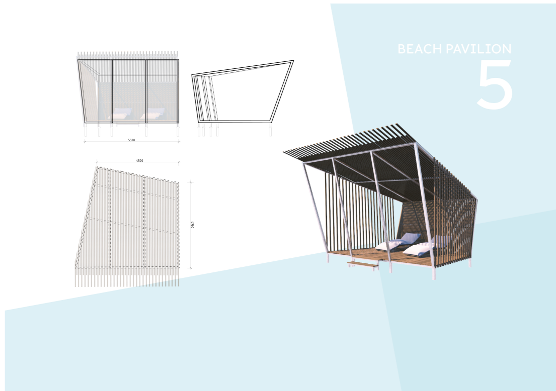 Open beach pavilion with timber screening for shade, rest, and ocean views.