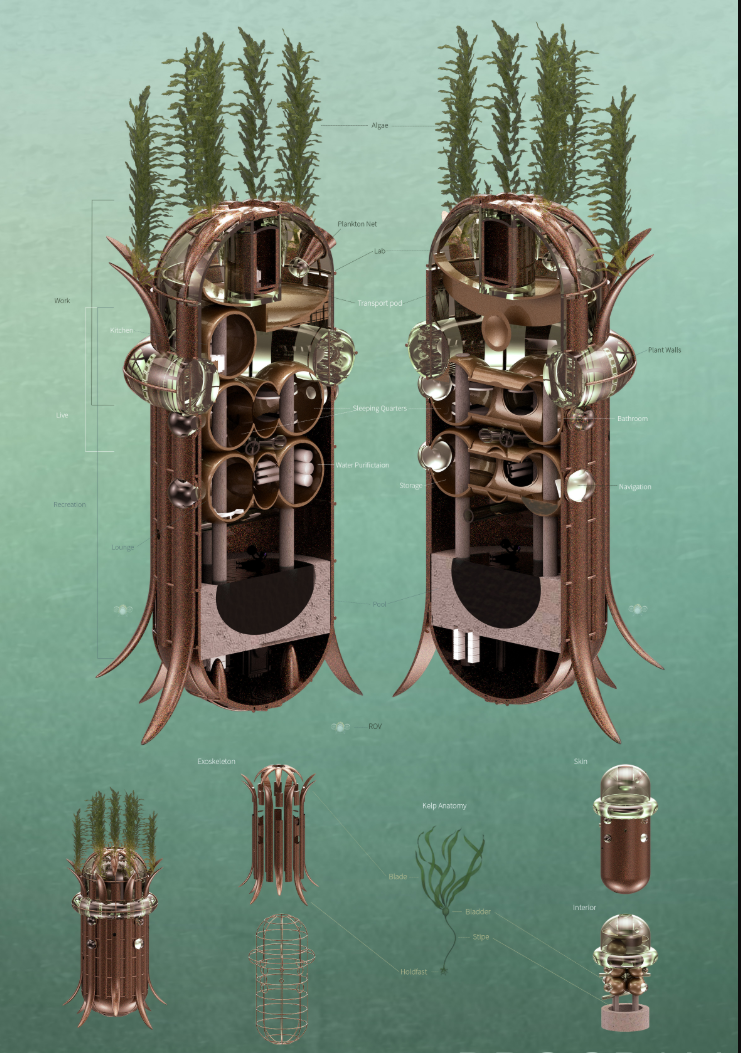Axonometric drawing of copper cylindrical modules with circular portals flanked by kelp fronds