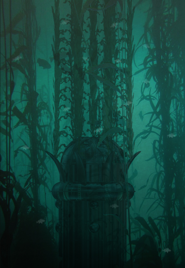 Submerged copper-clad module surrounded by tall kelp stalks in murky green water