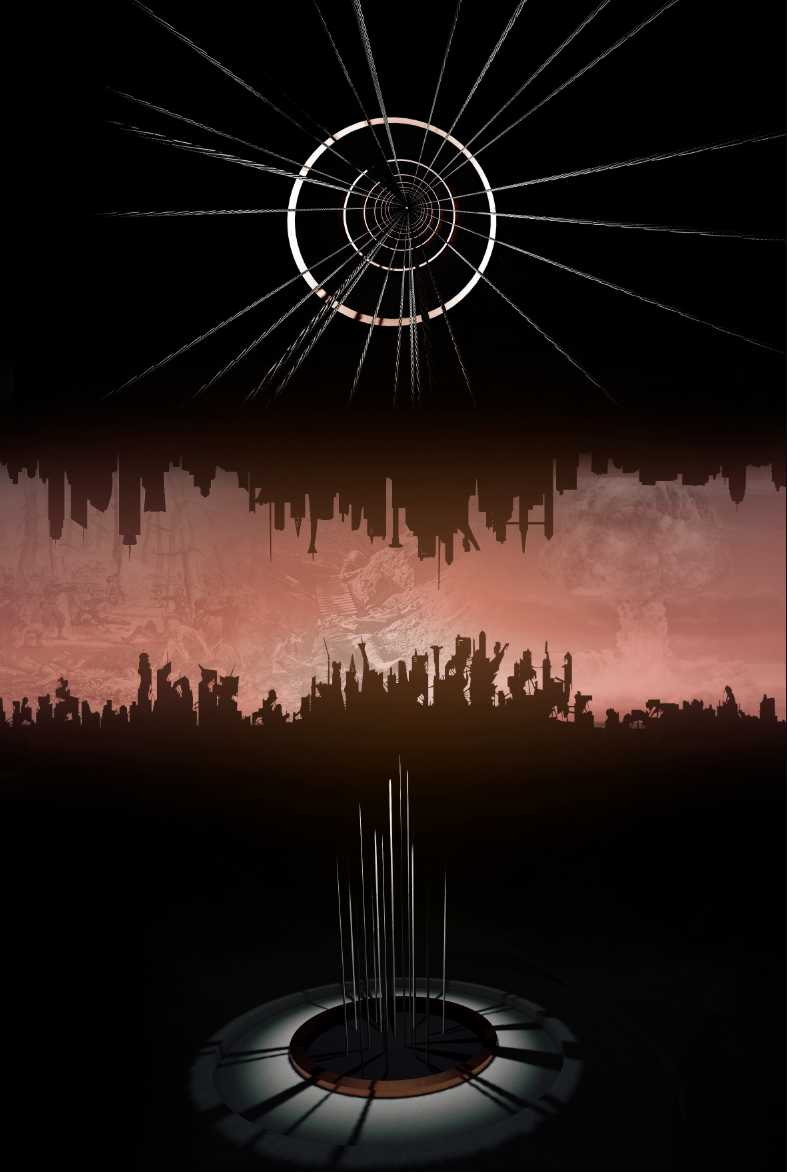 A dramatic conceptual view frames the destroyed Earth below and the suspended base as a beacon of survival.