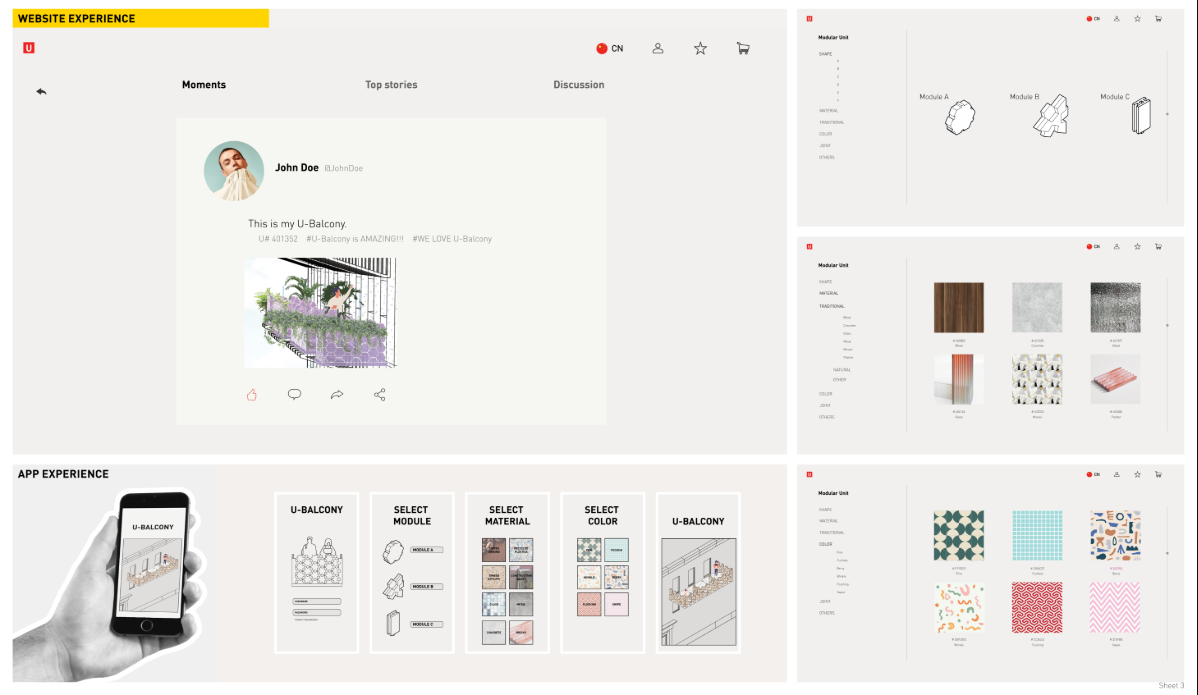 User interface mockups showing website and app screens for selecting modular balcony configurations and material palettes