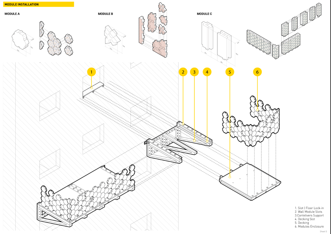 Axonometric drawing showing modular assembly sequence with numbered steps and three different balcony module types