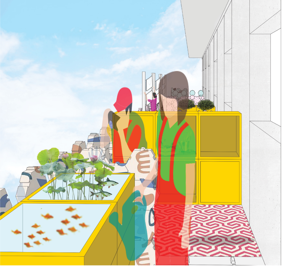 Rendered perspective showing balcony with yellow storage units, aquaponics planter, and two figures against the skyline
