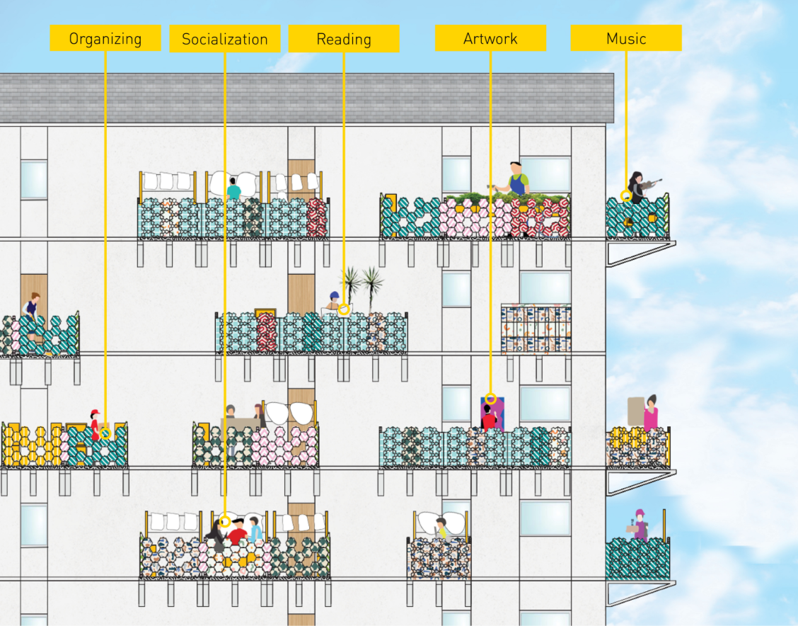 Section drawing showing balconies with labeled program areas including organizing, socializing, reading, artwork, and music activities