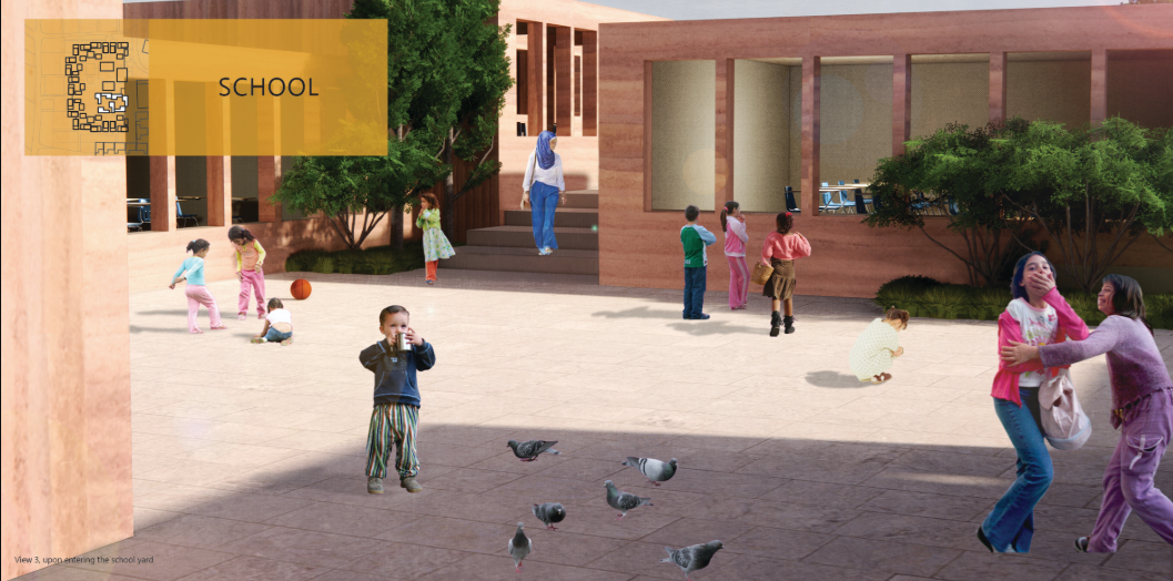 A protected learning courtyard where children gather, play, and learn within the Malalai Kakar Center.
