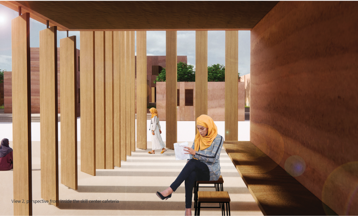 Shaded vertical screens filter sunlight and create a comfortable, private communal space for residents.