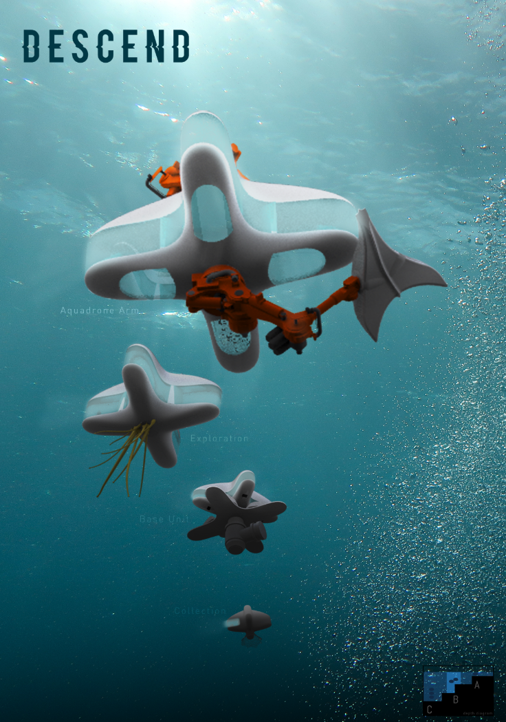 Modular submersible vessels move through the ocean as adaptable units for exploration, research, and future underwater habitation.