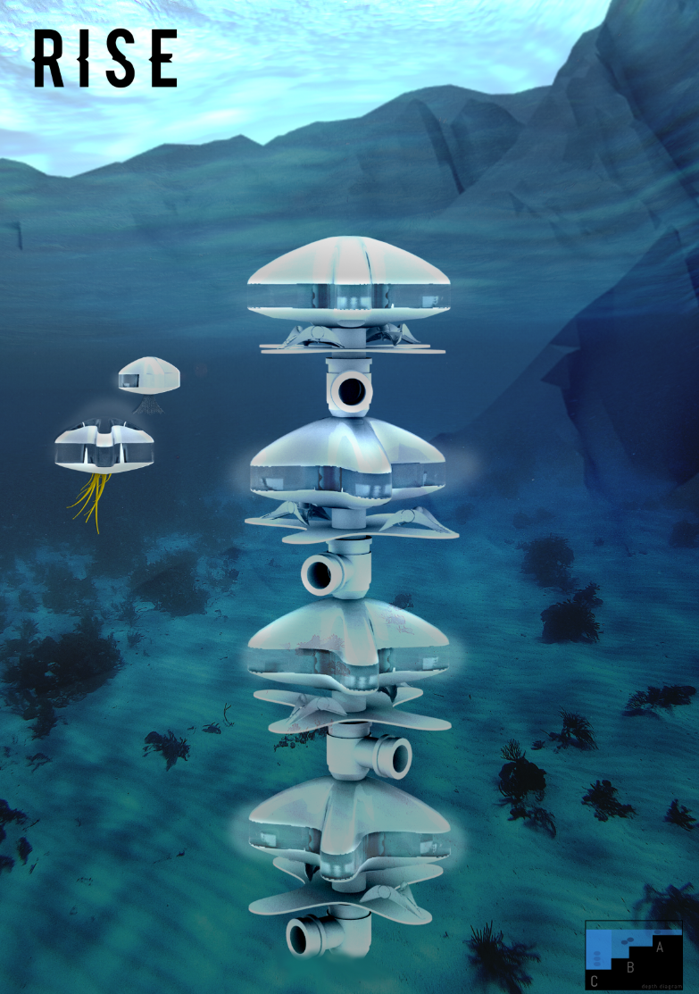 Vertically stacked habitat modules form a compact underwater tower while reducing direct impact on the Pacific seabed.