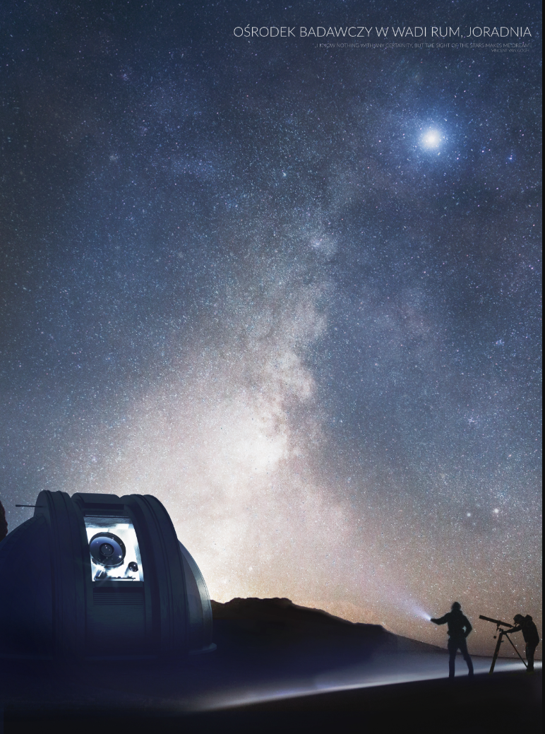 A night observatory beneath Wadi Rum’s star-filled desert sky.