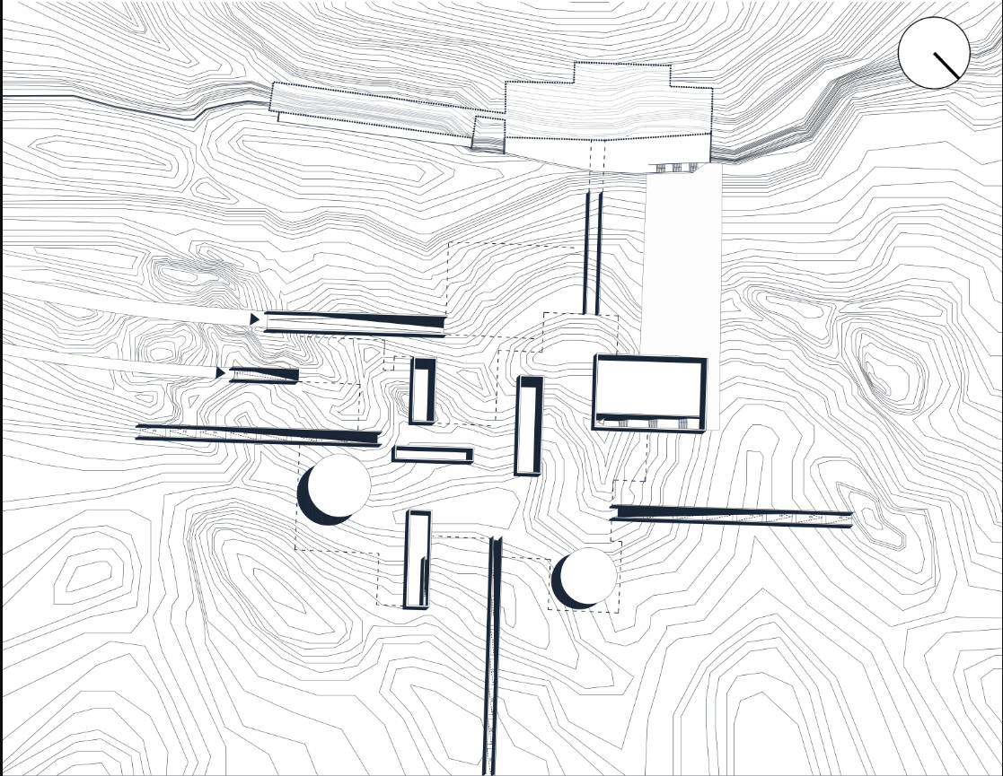 Site plan showing observatory structures embedded within the desert topography.