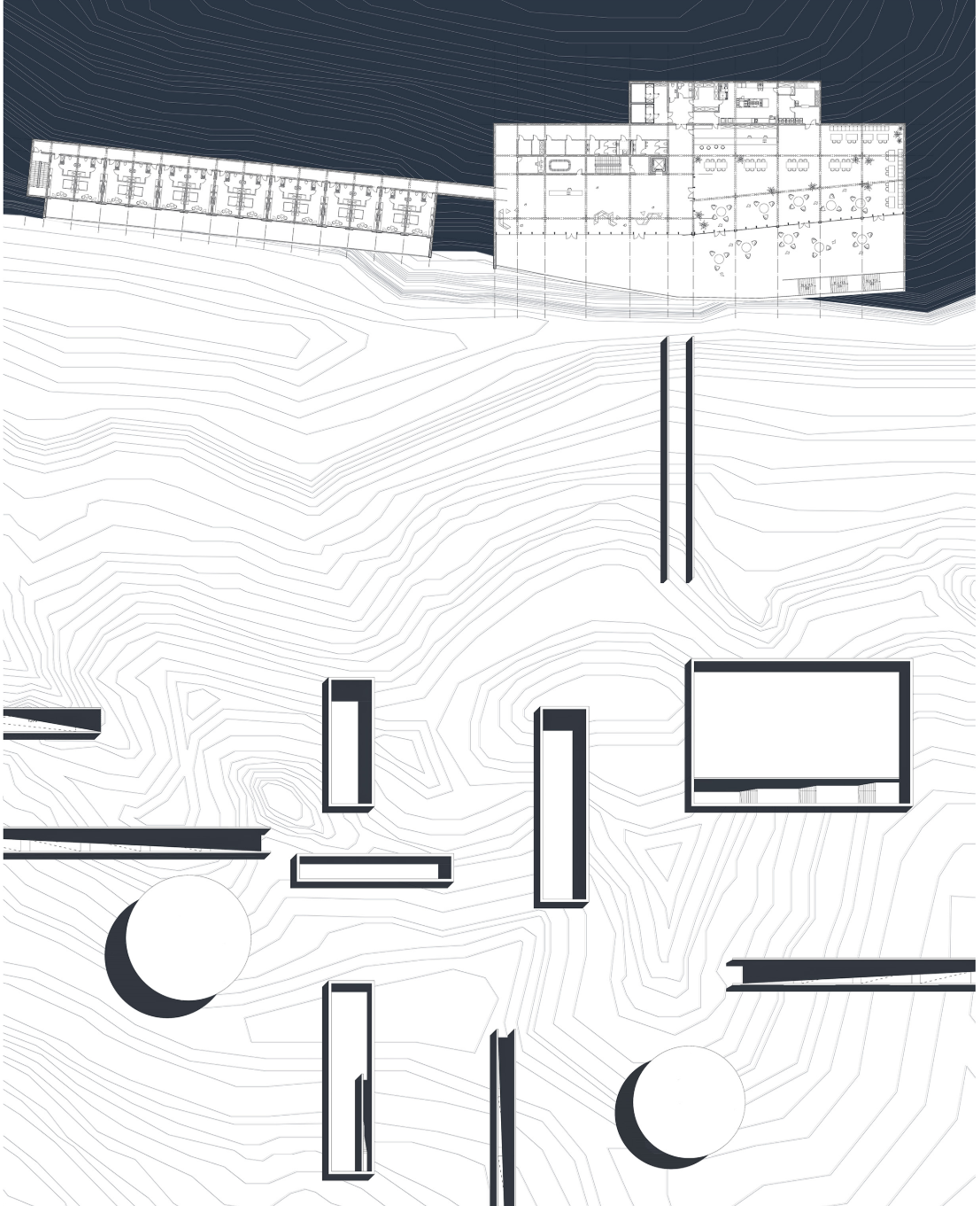 Topographic layout integrating research volumes into the Wadi Rum landscape.