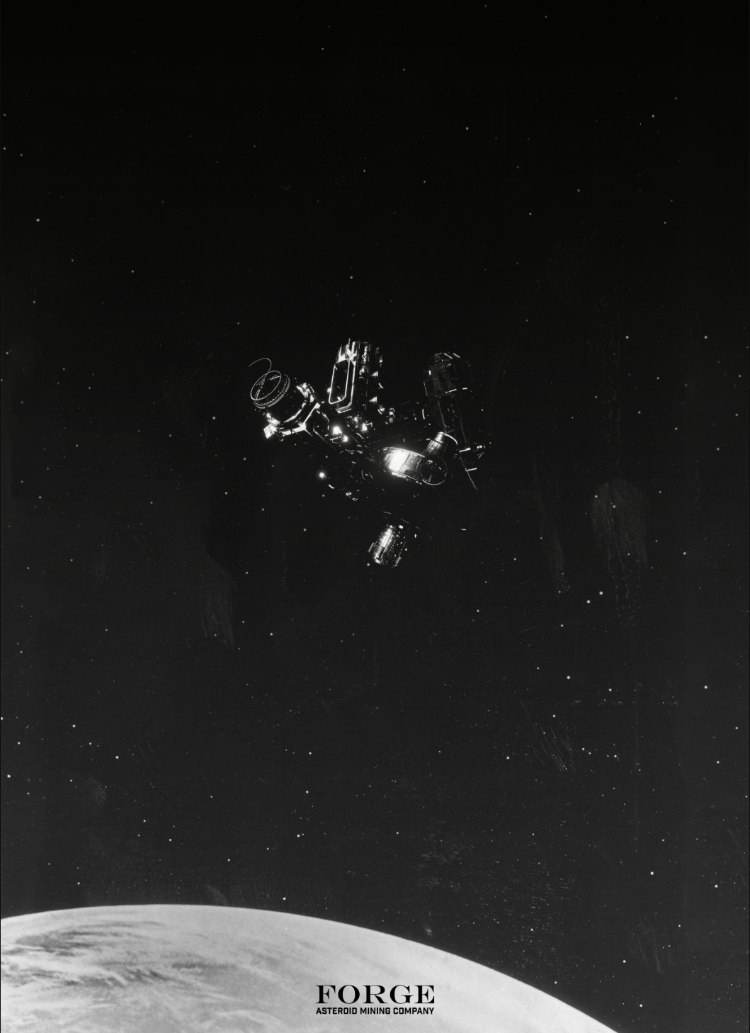 The Forge drifts above an asteroid, marking the beginning of a new mining settlement in deep space.