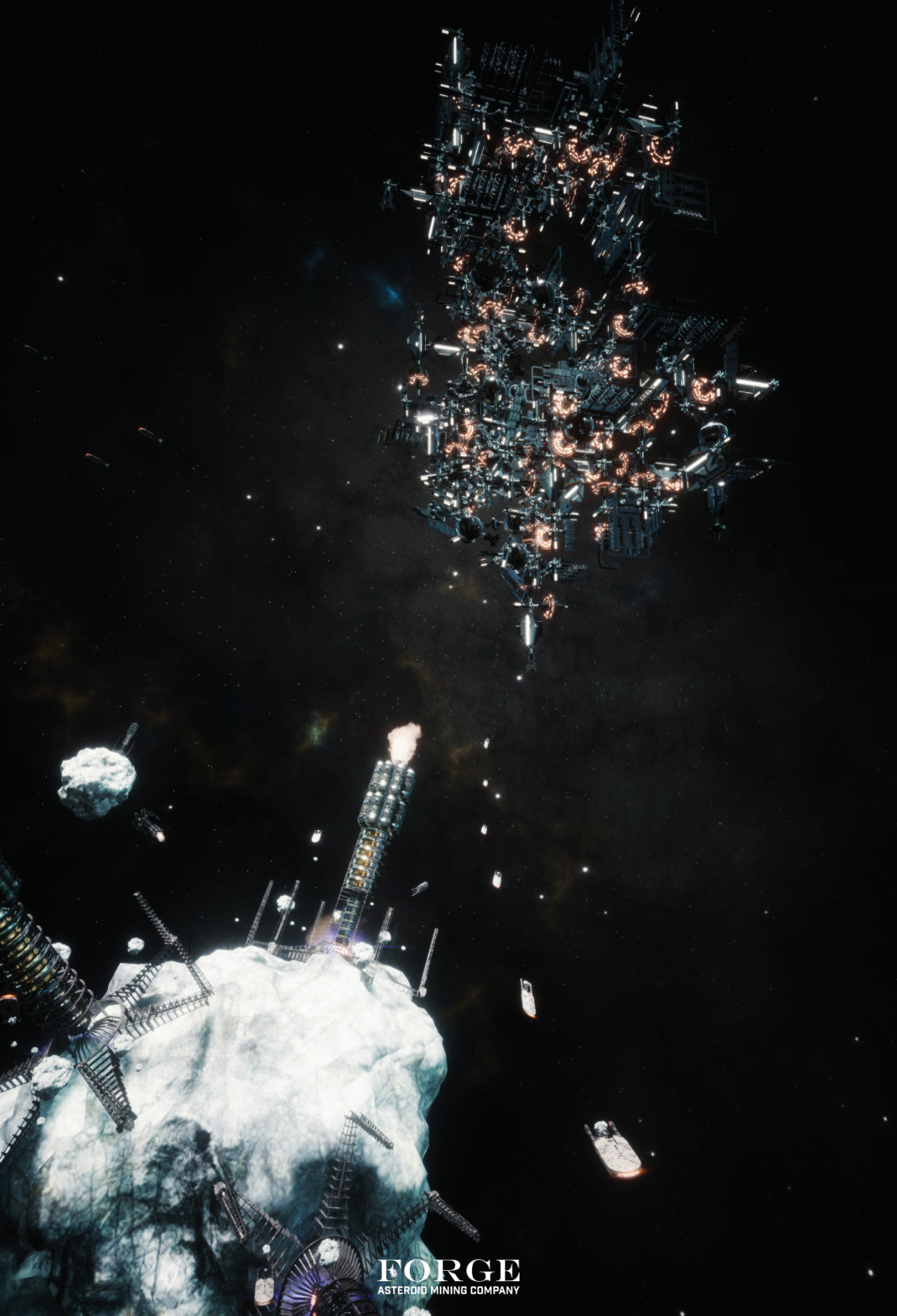 A vast modular station expands around an active asteroid extraction site.