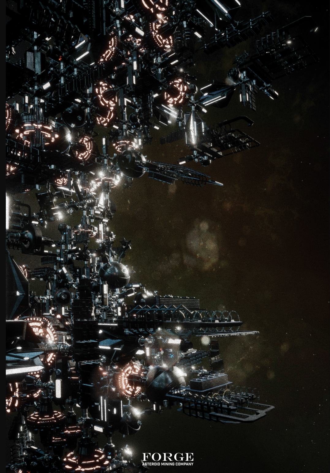 Interconnected industrial modules form the dense three-dimensional structure of The Forge.
