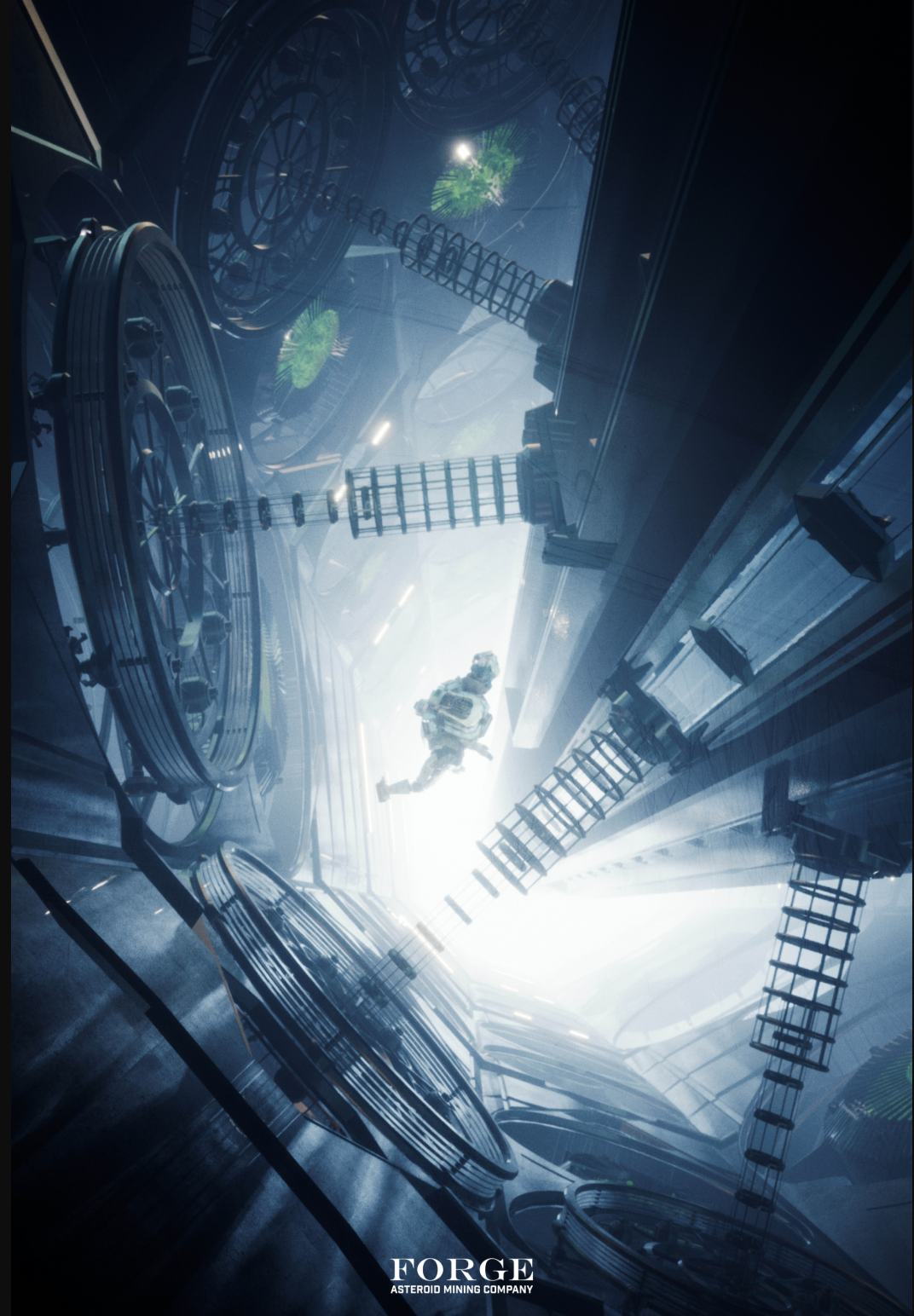 An astronaut moves through the station’s illuminated zero-gravity interior.