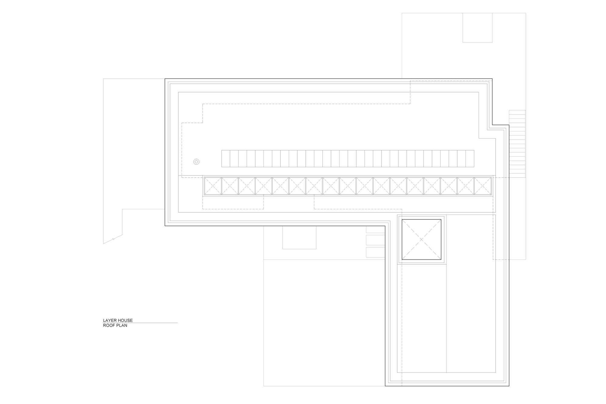 Roof plan drawing showing flat roof with central skylight band