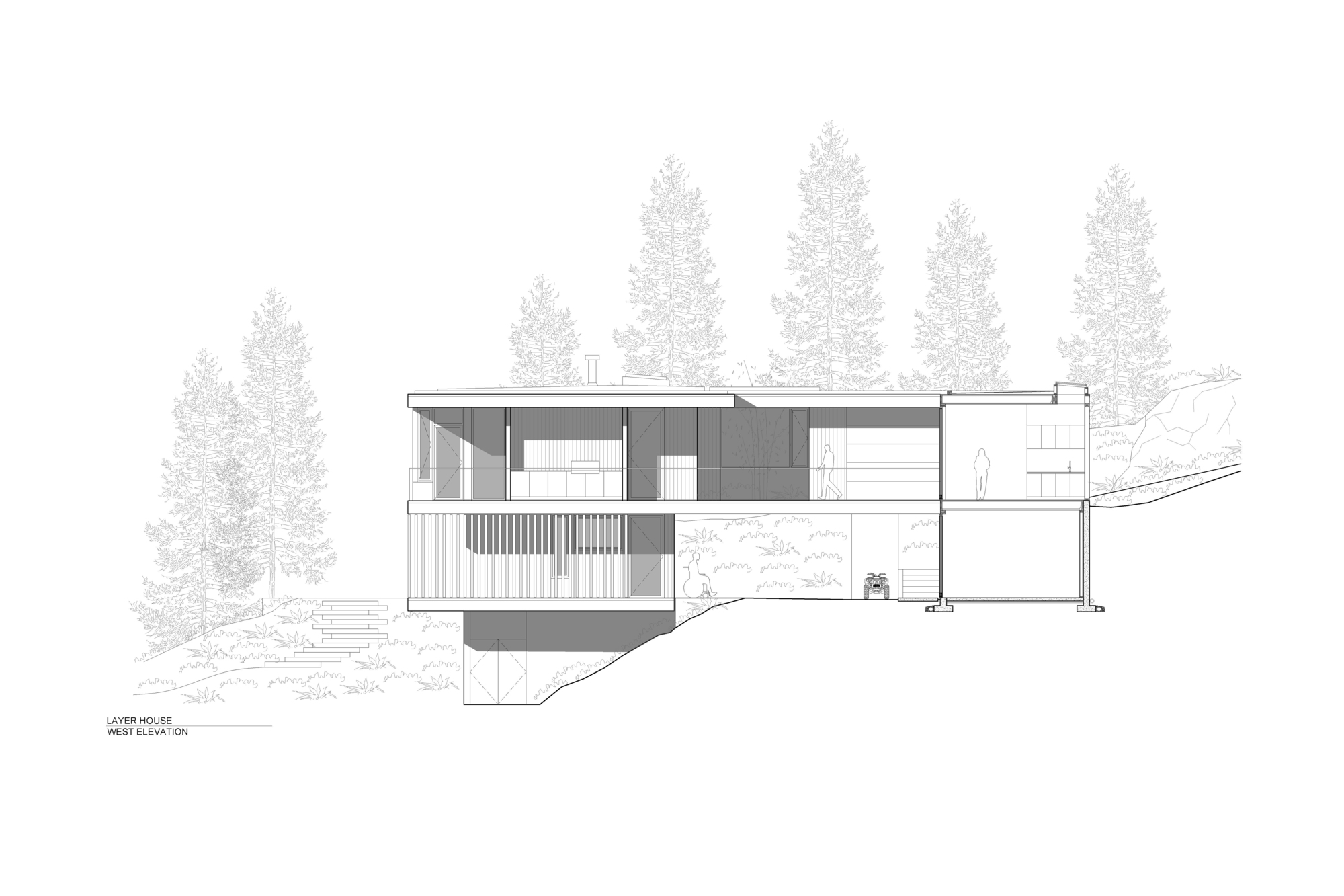 West elevation drawing featuring cantilevered volumes and screened balconies against a forested hillside