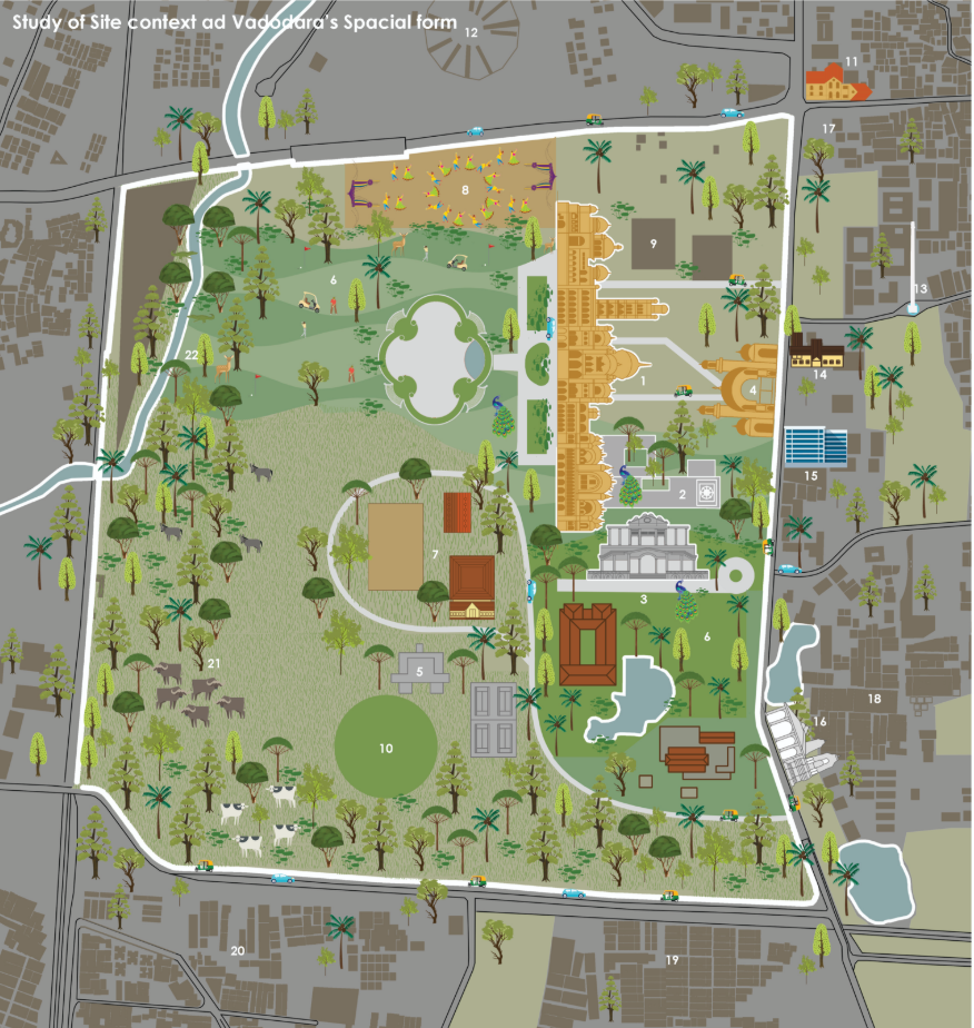 Site context mapping showing Vadodara’s spatial form, heritage landmarks, gardens, roads, and cultural connections around the project site.