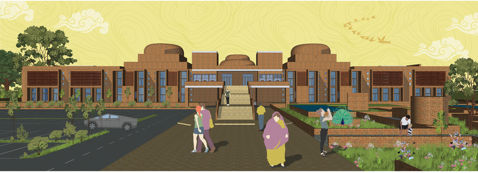 Front view of the Indus Valley Civilisation museum, where brick volumes, domed forms, gardens, and stepped entry create a civic arrival.