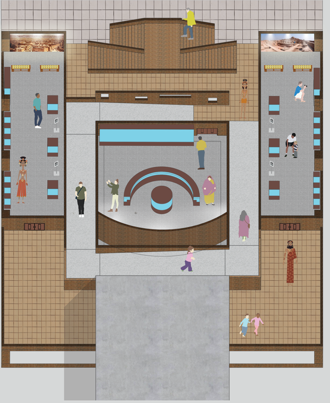 Museum interior plan showing exhibition galleries, circulation paths, display zones, and narrative spaces arranged around a central experience.
