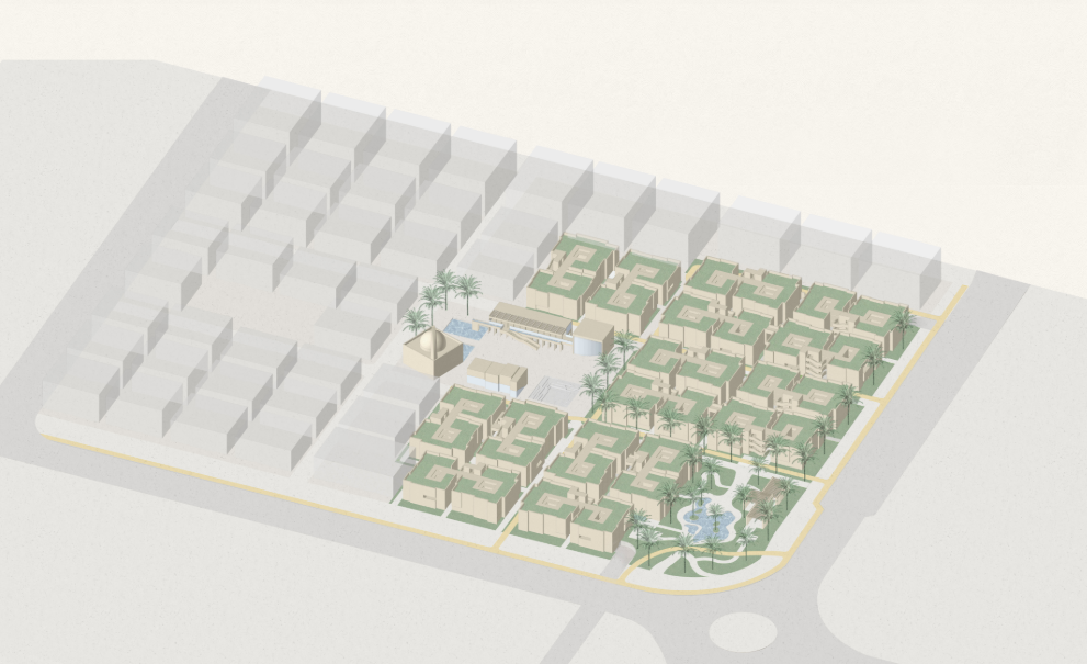 Co-life masterplan integrating senior housing, gardens, shaded streets, and shared community spaces