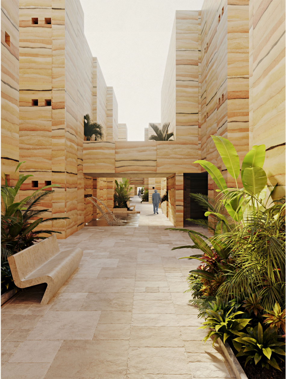 Rammed-earth residential passage creates a shaded, planted environment for comfortable everyday movement
