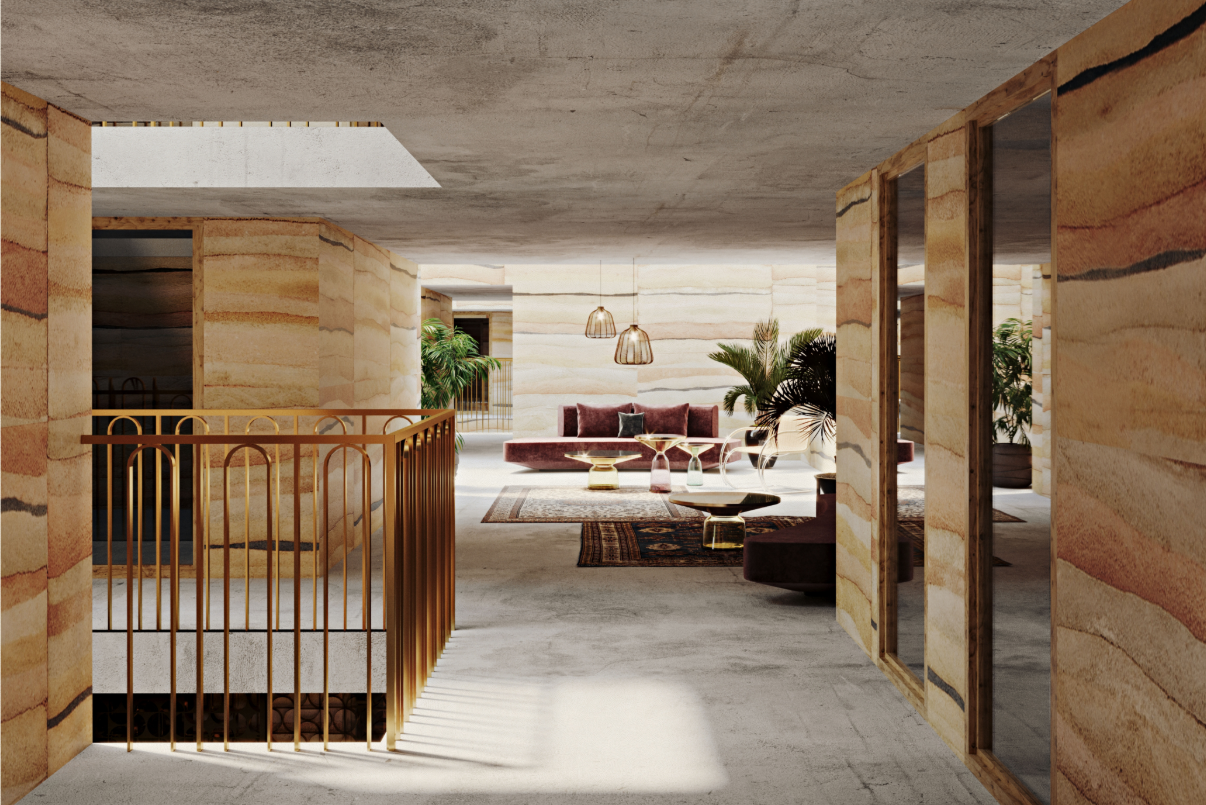 Warm communal interior combines rammed-earth walls, natural light, and shared lounge spaces