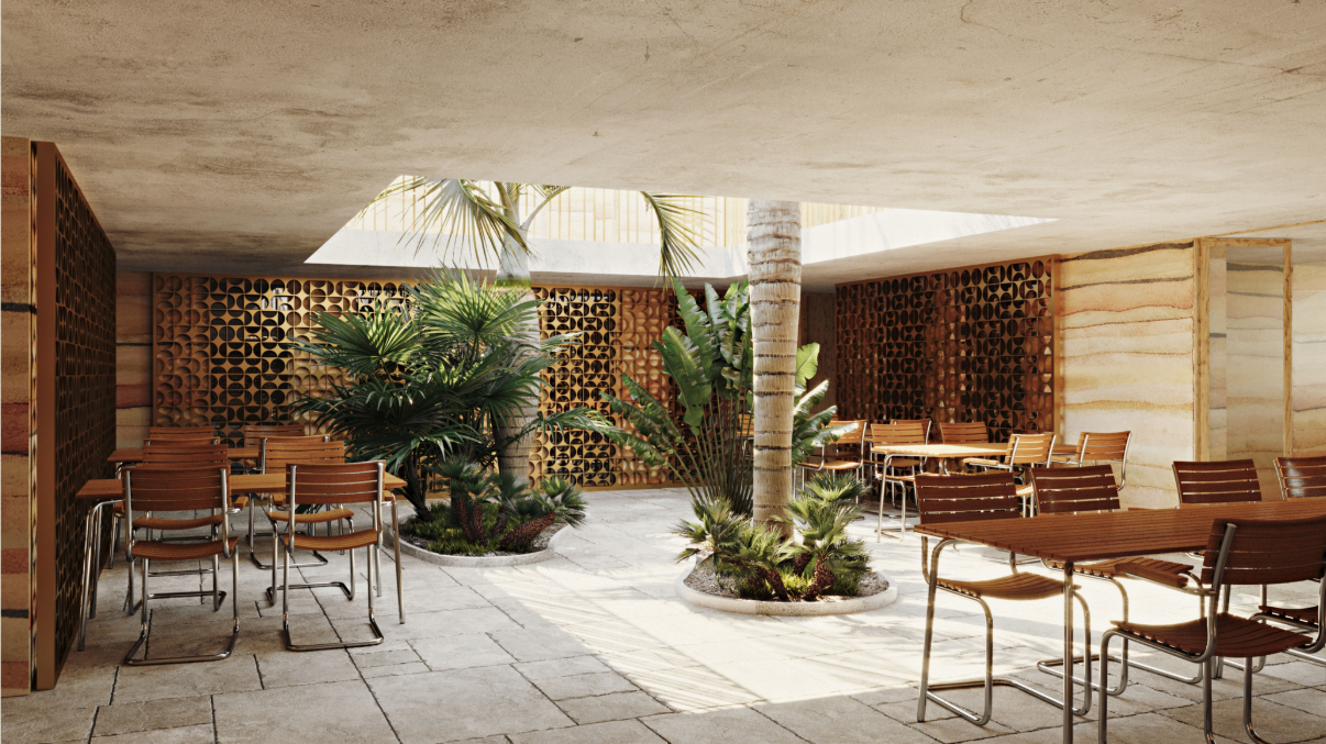 Courtyard dining area brings greenery, filtered daylight, and social activity into the heart of Co-life
