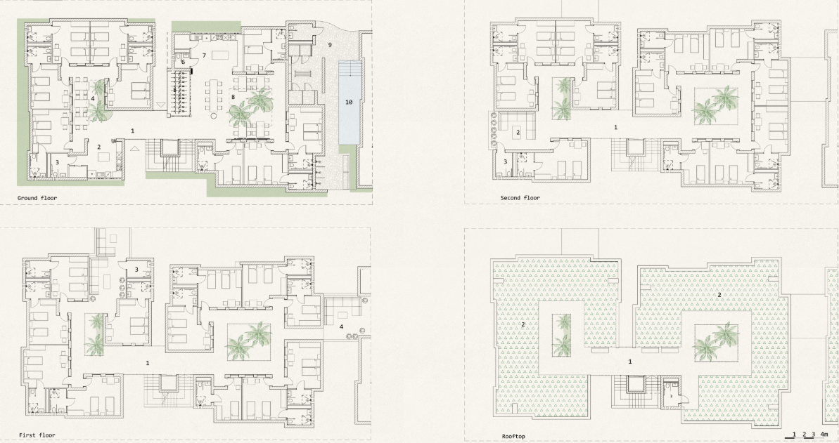Floor plans organize private rooms, shared living spaces, courtyards, and accessible circulation across the housing cluster