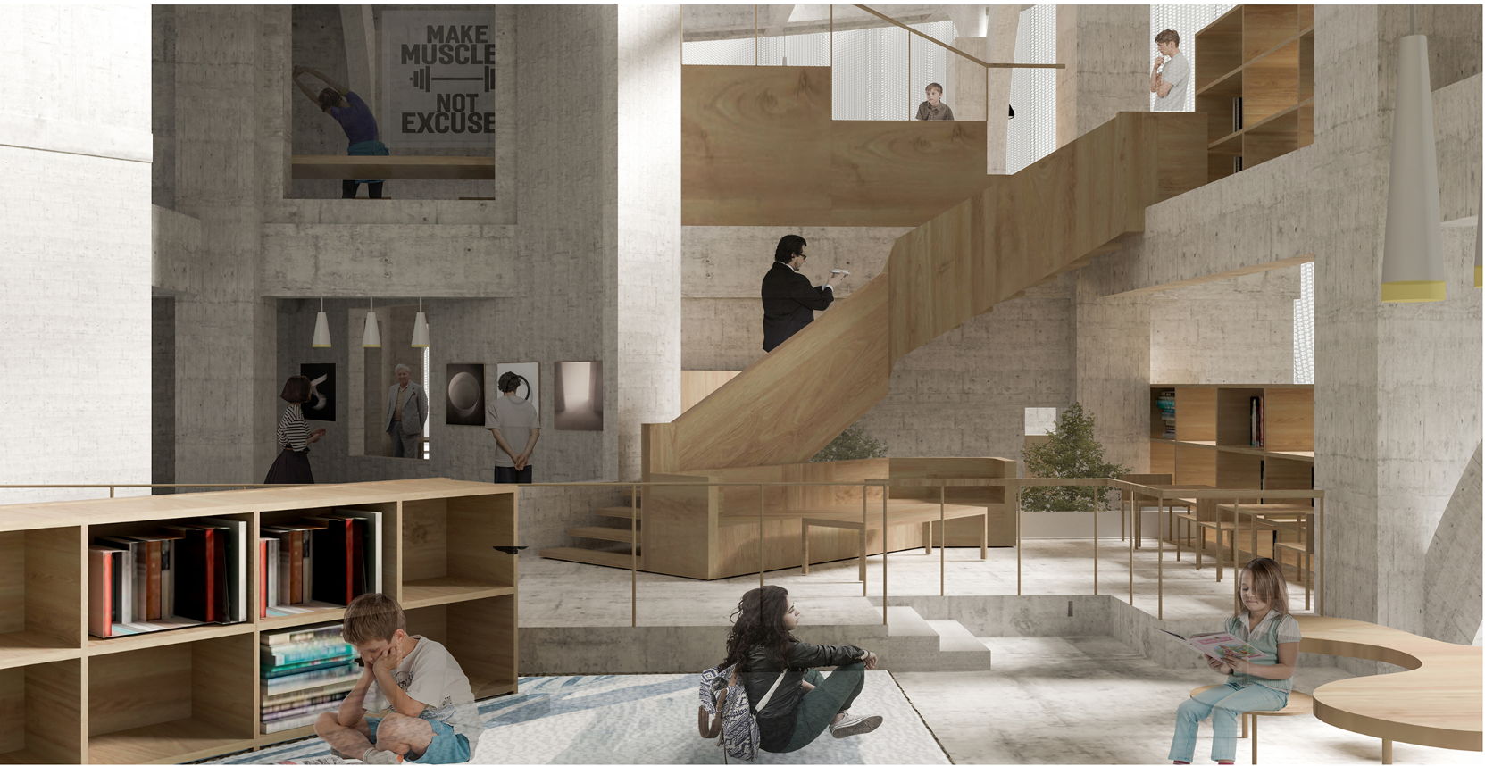 A layered library interior connecting reading, learning, and community life.