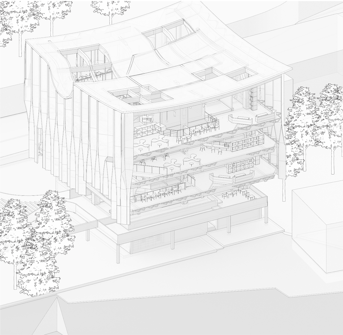 The sectional axonometric reveals TReading’s interconnected vertical organization.